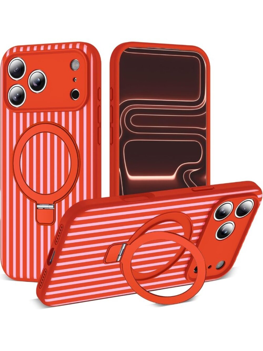 Cute Aesthetic Striped iPhone 17 Pro Case with Magnetic Stand, Silicone